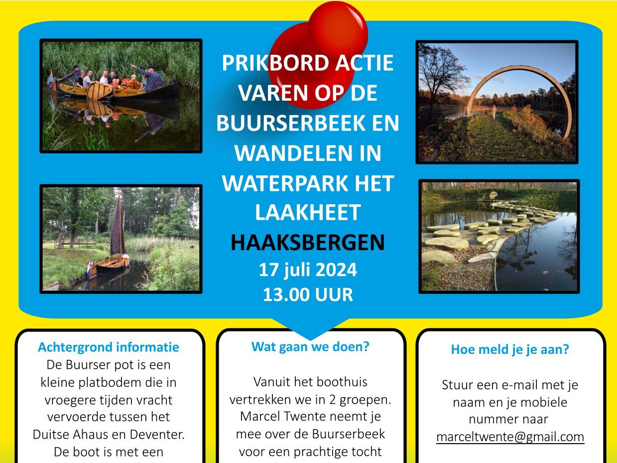 Prikbord Actie: Varen op de Buurserbeek en wandelen in Waterpark Het Laakheet